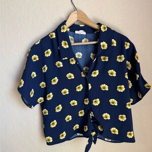Maison Jules Navy Blue Blouse with Yellow Floral Print